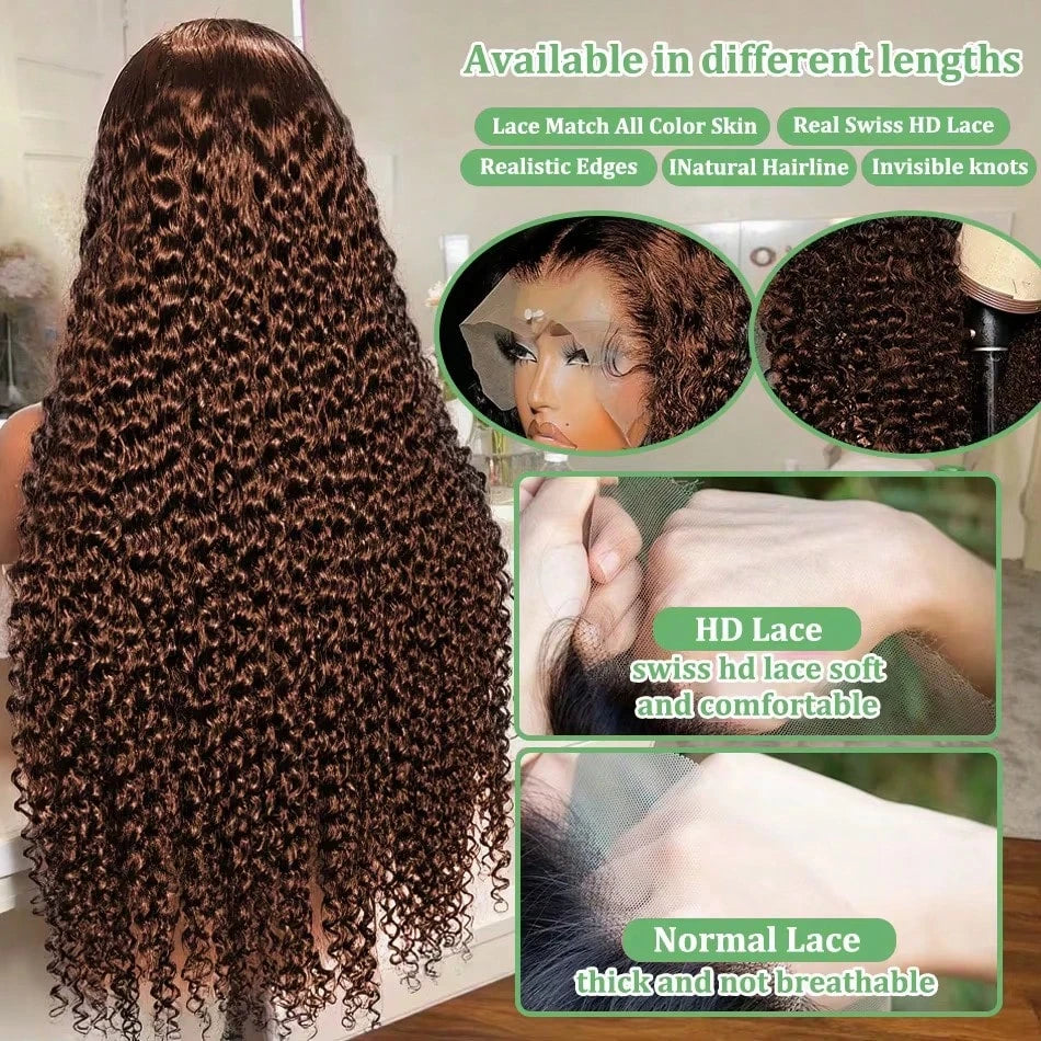 Elegant Chocolate Brown Curly Wave HD Lace Front Wig 13x4 13x6 Water Wave HD Lace Frontal Human Hair Wig Deep Wig 220% Density