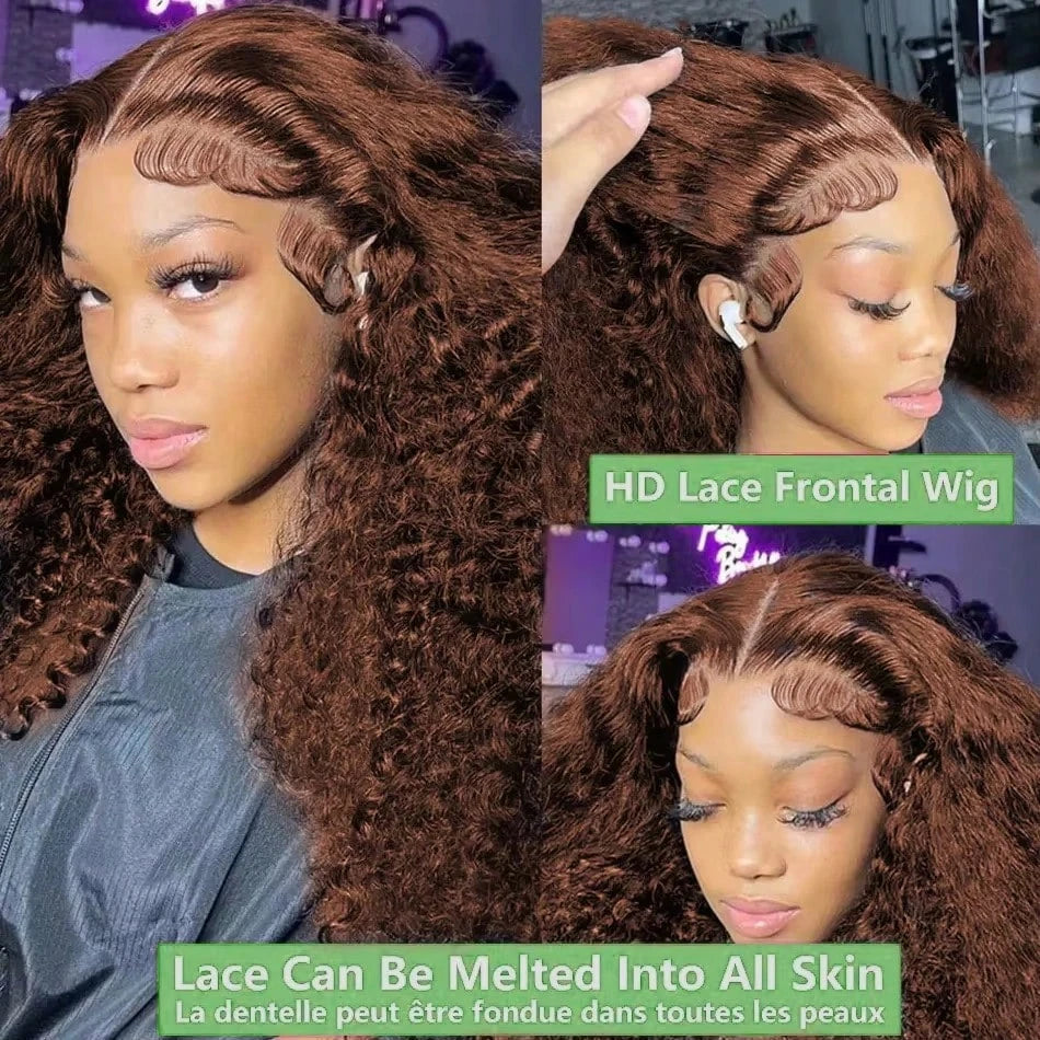 Elegant Chocolate Brown Curly Wave HD Lace Front Wig 13x4 13x6 Water Wave HD Lace Frontal Human Hair Wig Deep Wig 220% Density