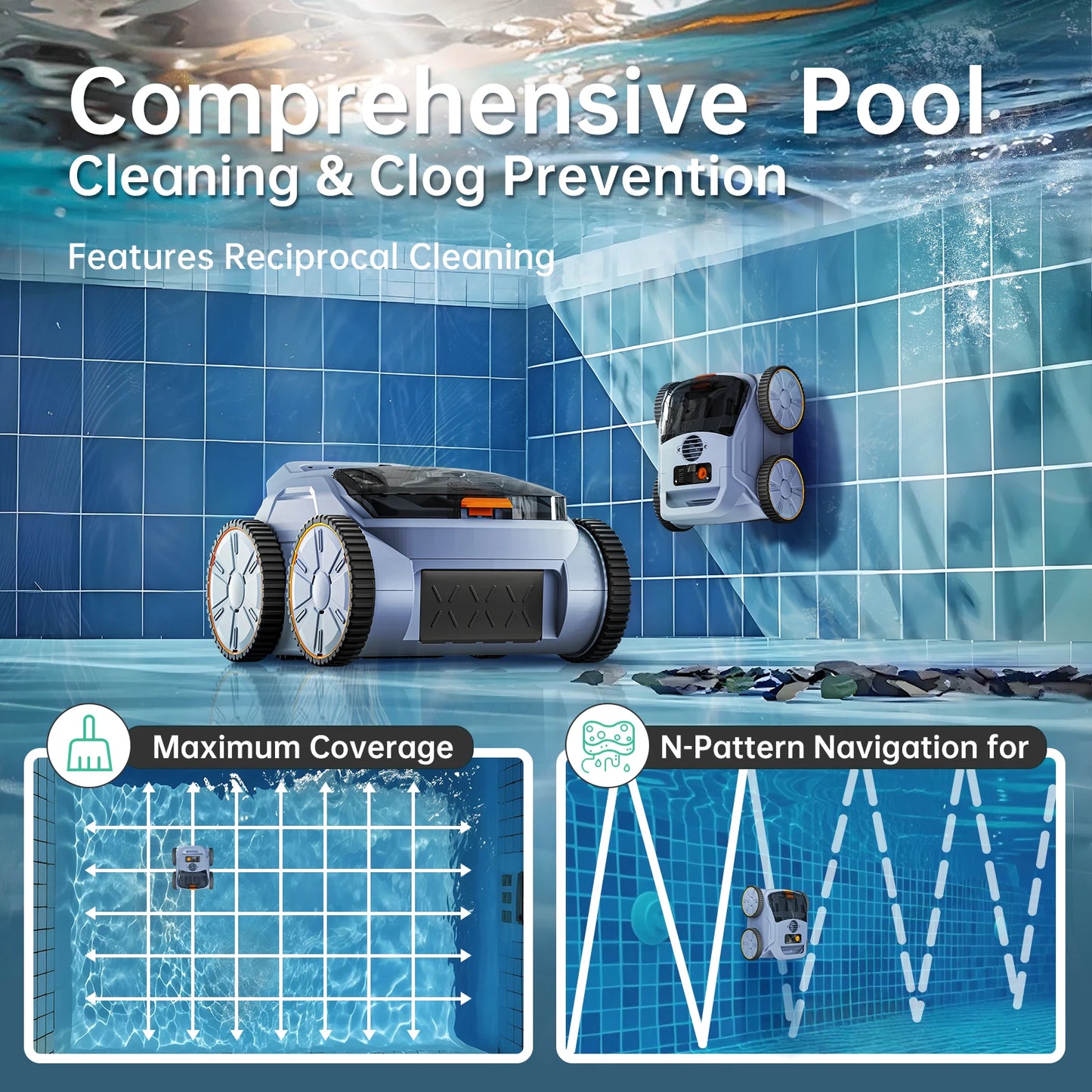 Seauto SAT20 Pool Vacuum 150 Mins Running Up to 2000 Sq.ft., 45,000Pa Powerful Suction, Wall-Climbing for Above/in Ground Pools
