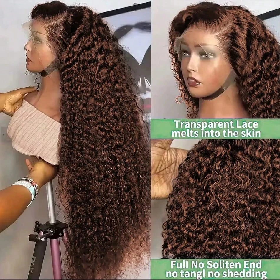 Elegant Chocolate Brown Curly Wave HD Lace Front Wig 13x4 13x6 Water Wave HD Lace Frontal Human Hair Wig Deep Wig 220% Density