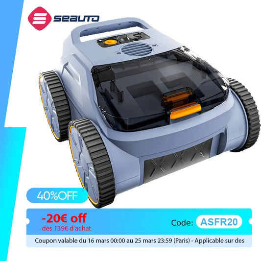 Seauto SAT20 Pool Vacuum 150 Mins Running Up to 2000 Sq.ft., 45,000Pa Powerful Suction, Wall-Climbing for Above/in Ground Pools