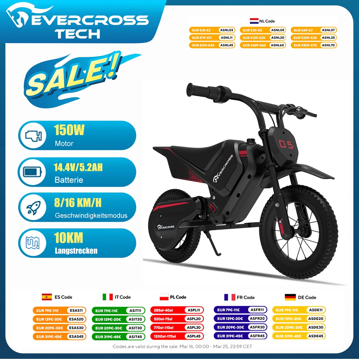 EVERCROSS TECH EV05M Electric Motorbike for children, 150W, speeds 8/16 km/h, battery life up to 10 km, Motorbike Cross 12 inches for