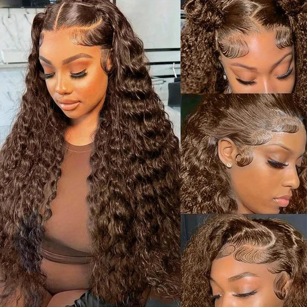 Elegant Chocolate Brown Curly Wave HD Lace Front Wig 13x4 13x6 Water Wave HD Lace Frontal Human Hair Wig Deep Wig 220% Density