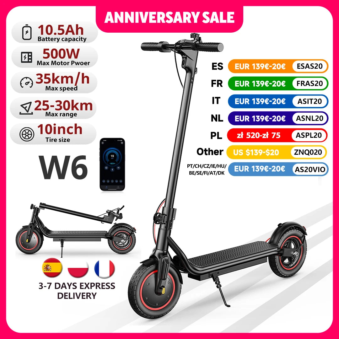iScooter W6 10inch Electric Scooter 500W Adult E-Scooter 36V 10.5Ah  35km/h Speed Support APP 30km Range City Electric Scooters