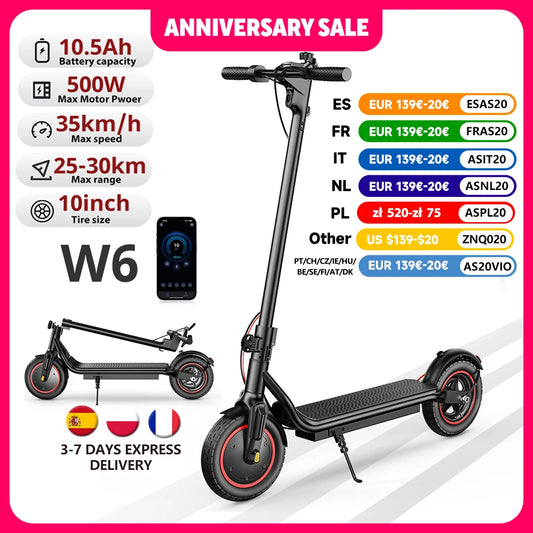 iScooter W6 10inch Electric Scooter 500W Adult E-Scooter 36V 10.5Ah  35km/h Speed Support APP 30km Range City Electric Scooters