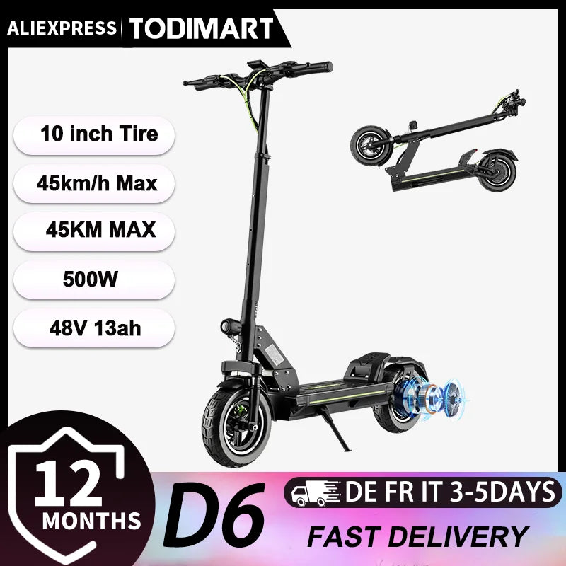 TODIMART D6 Adult Electric Scooter 500W 48V 13AH Max Speed 45KM/H 10 inch Off-Road Tires Dual Suspension System Sport Escooter