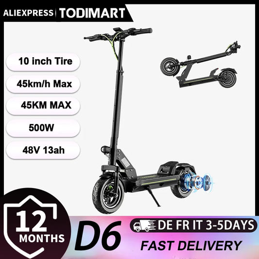 TODIMART D6 Adult Electric Scooter 500W 48V 13AH Max Speed 45KM/H 10 inch Off-Road Tires Dual Suspension System Sport Escooter