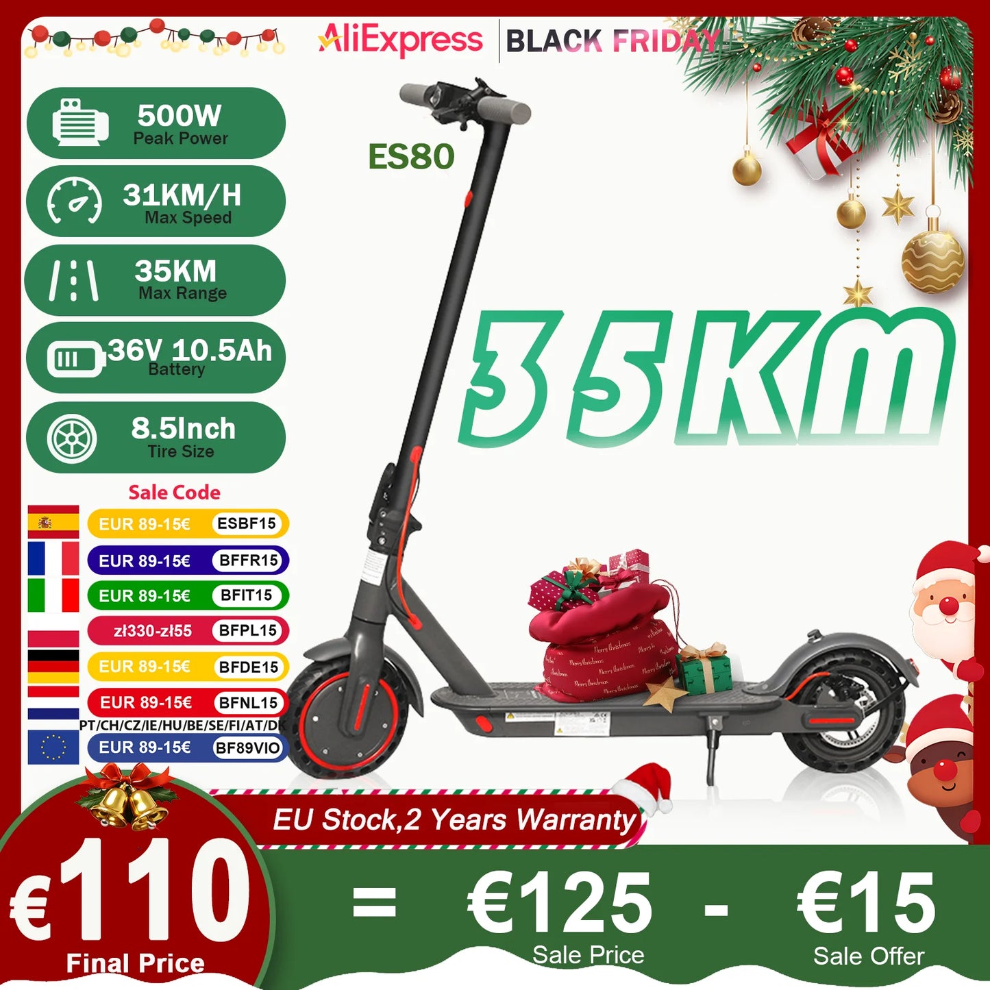 ES80/M365 X1 Electric Scooter 36V 10.5Ah 500W Motor 35KM Long Range 31KM/H 8.5Inch Solid Tires Foldable Smart APP EScooter
