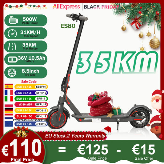 ES80/M365 X1 Electric Scooter 36V 10.5Ah 500W Motor 35KM Long Range 31KM/H 8.5Inch Solid Tires Foldable Smart APP EScooter